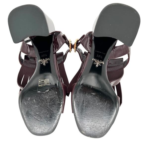 PRADA Patent Leather Fringe Trim Kiltie Buckle Sandals EU 39.5 US 9.5 Block Heel - Picture 8 of 11